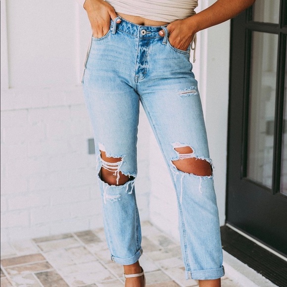 high waisted destroyed boyfriend jeans